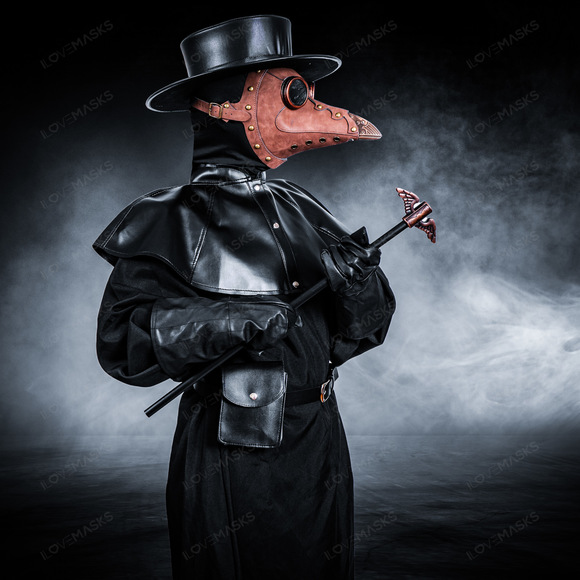 Plague Doctor with Bird Beak Mask & Flat Hat Full Costume Set - Brown